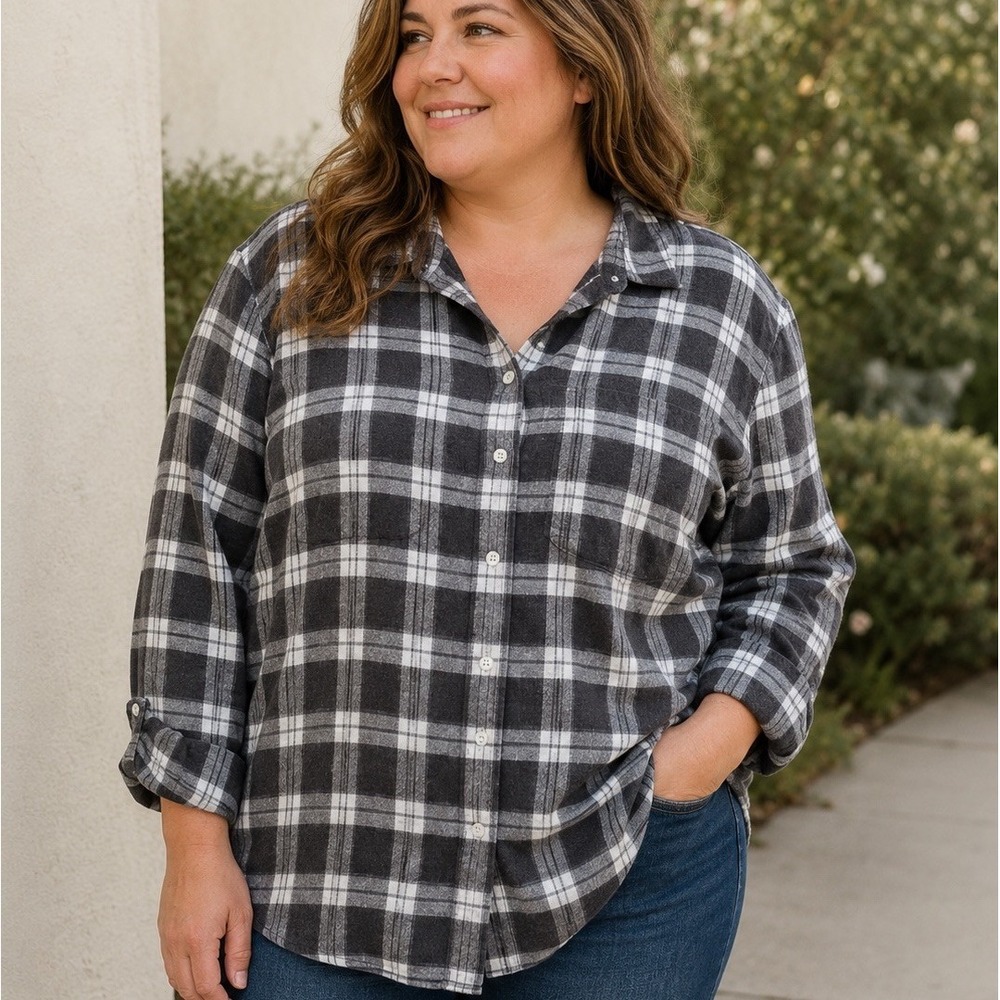 Madewell Plaid Flannel Button-Up Shirt Gray Long Sleeve 1X Casual Womens XL Boho
